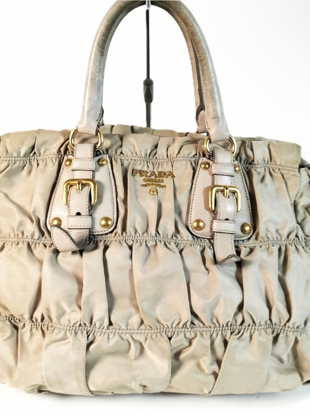 Prada Beige Ruched Leather Tote with Gold Hardware